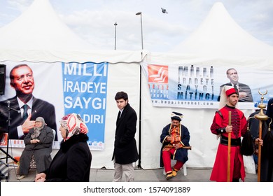 Istanbul, Turkey- January 12, 2014. Supporters Of Justice And Development Party (Turkish Akp) Are Standing In Front Of The Party S Tents In Eminonu Square.