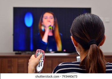 Istanbul, Turkey: January 14, 2018 - Woman Is Watching Famous Talent Show Of Turkey.