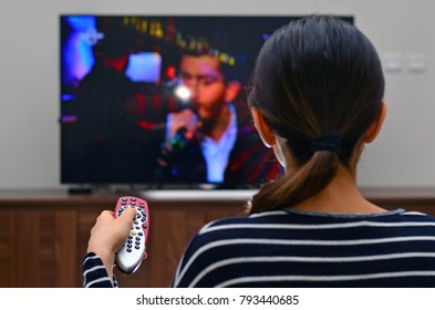 Istanbul, Turkey: January 14, 2018 - Woman Is Watching Famous Talent Show Of Turkey.