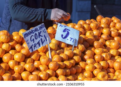 Istanbul Turkey January 14, 2022 mandarins and price tag at marketplace 