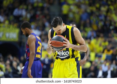 ISTANBUL / TURKEY - JANUARY 16, 2020: Kostas Sloukas Kissing The Ball During EuroLeague 2019-20 Round 20 Basketball Game Between Fenerbahce And Barcelona.