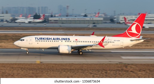 ISTANBUL, TURKEY - JANUARY 19, 2019: Turkish Airlines Boeing 737-8MAX (CN 60035) Takes Off From Istanbul Ataturk Airport. THY Grounds Boeing 737 MAX Planes After Ethiopia Crash