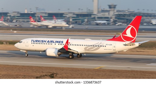 ISTANBUL, TURKEY - JANUARY 19, 2019: Turkish Airlines Boeing 737-8MAX (CN 60035) Takes Off From Istanbul Ataturk Airport. THY Grounds Boeing 737 MAX Planes After Ethiopia Crash