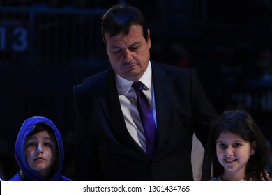 Istanbul / Turkey - January 20, 2019: Coach Ergin Ataman With His Kids During Turkish Basketball Super League All Star Event At Sinan Erdem Dome.