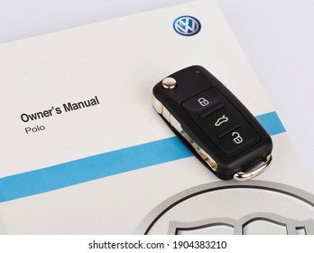 ISTANBUL, TURKEY - JANUARY 27, 2021: Volkswagen Owners Manual Guide Book And Key.