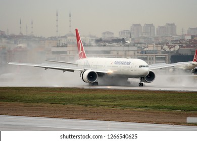 ISTANBUL, TURKEY JANUARY 7, 2012 Turkish Airlines Airplane Landing At Atatürk International Airport