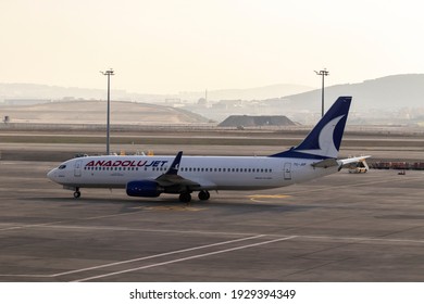 ISTANBUL, TURKEY - JANUARY 8, 2021. AnadoluJet Plane At The Istanbul Sabiha Gökçen International Airport.