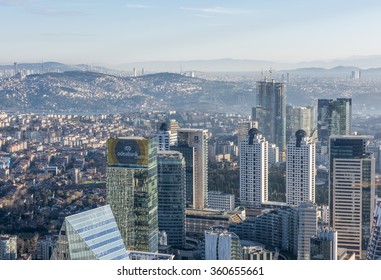 ISTANBUL, TURKEY - JANUARY 9, 2016: Aerial view of the city downtown and skyscrapers. Skyscrapers and modern office buildings at Levent District. With Bosphorus background. Istanbul, Turkey.