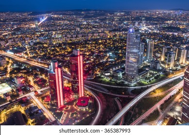 ISTANBUL, TURKEY - JANUARY 9, 2016: Aerial view of the city downtown and skyscrapers. Skyscrapers and modern office buildings at Levent District. With Bosphorus background. Istanbul, Turkey.