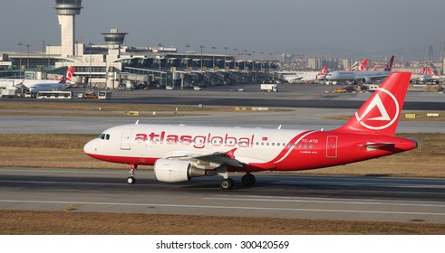 ISTANBUL, TURKEY - JULY 09, 2015: AtlasGlobal Airline Airbus A319-112 (CN 1124) takes off from Istanbul Ataturk Airport. AtlasGlobal has 18 fleet size and 17 destinations