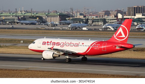 ISTANBUL, TURKEY - JULY 09, 2015: AtlasGlobal Airline Airbus A319-112 (CN 1124) takes off from Istanbul Ataturk Airport. AtlasGlobal has 18 fleet size and 17 destinations