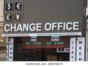 ISTANBUL TURKEY, July 1, 2021,  Exterior view of currency exchange office in Istiklal Street Beyoglu, dollar, europ, sterling pound and turkish lira icon