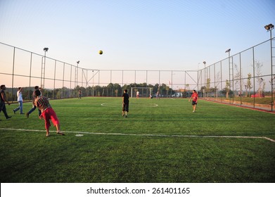 ISTANBUL ,TURKEY - JULY  12:  Students Who Play Football In The Astroturf July 12, 2012 In Istanbul, Turkey.