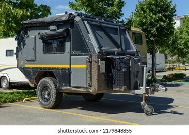 ISTANBUL, TURKEY - JULY 15, 2022: Caravans Parked At Motorhome Campground. Caravan Parking. Camper Trailers Parking Area.