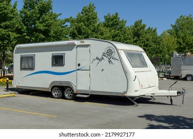 ISTANBUL, TURKEY - JULY 15, 2022: Caravans Parked At Motorhome Campground. Caravan Parking. Camper Trailers Parking Area.