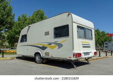 ISTANBUL, TURKEY - JULY 15, 2022: Caravans Parked At Motorhome Campground. Caravan Parking. Camper Trailers Parking Area.