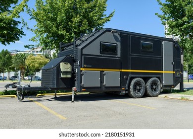 ISTANBUL, TURKEY - JULY 15, 2022: Caravans Parked At Motorhome Campground. Caravan Parking. Camper Trailers Parking Area.