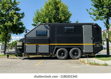 ISTANBUL, TURKEY - JULY 15, 2022: Caravans Parked At Motorhome Campground. Caravan Parking. Camper Trailers Parking Area.