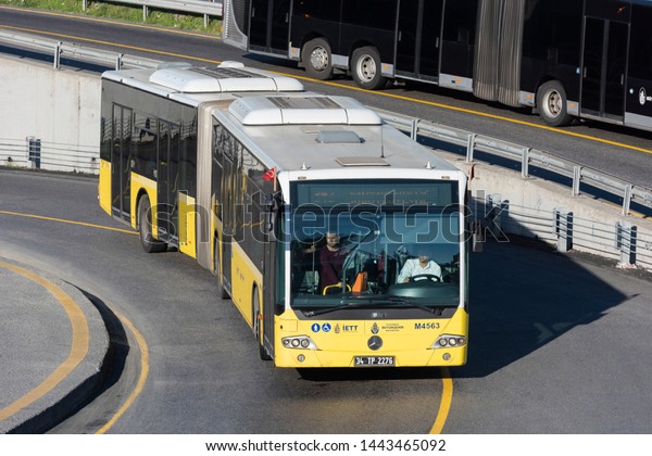 ISTANBUL,\
TURKEY - JULY 2, 2019: Metrobus, a part of public transportation\
system, eases the traffic in Istanbul,\
Turkey.