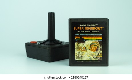 Istanbul, Turkey - July 2022: Atari Game Super Breakout And A Joystick For Atari 2600 Video Game System