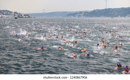 ISTANBUL, TURKEY - JULY 22, 2018: Swimmers swim during Samsung Bosphorus Cross Continental Swimming Competition in Bosphorus Strait.