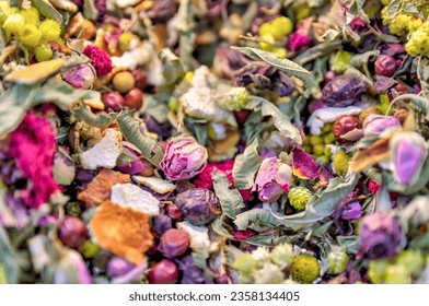 Istanbul, Turkey - July 22,2023: Close up of tea leaves at a street vendor in Istanbul’s Grand Bazaar
