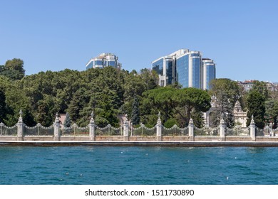 ISTANBUL, TURKEY - JULY 26, 2019: Panorama from Bosporus to Dolmabahce Palace city of Istanbul, Turkey