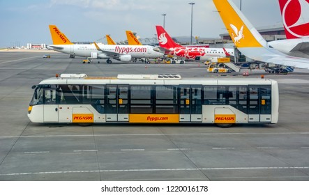 ISTANBUL, TURKEY - JULY 28, 2018: Pegasus Airlines aeroplane in Istanbul Sabiha Gokcen International Airport