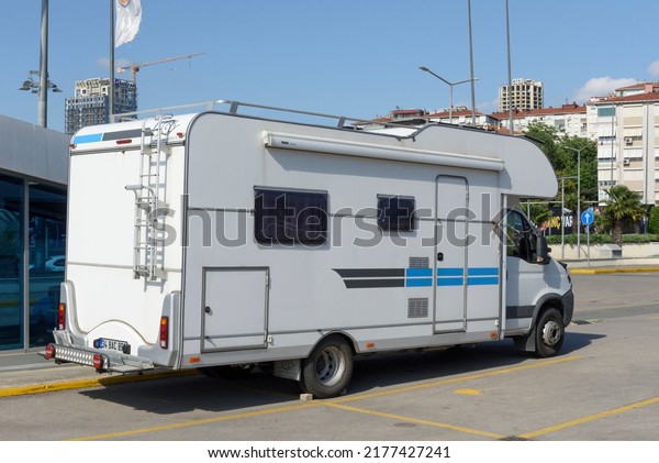 ISTANBUL- TURKEY - JULY 9, 2022: IVECO\
caravan vehicle on the autopark. Iveco is a manufacturer of trucks,\
buses and diesel engines based in Turin,\
Italy.