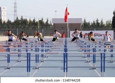 ISTANBUL, TURKEY - JUNE 02, 2018: Athletes Running 110 Metres Hurdles During Turkish Athletics U18 Championships