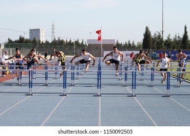 ISTANBUL, TURKEY - JUNE 02, 2018: Athletes Running 110 Metres Hurdles During Turkish Athletics U18 Championships