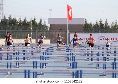 ISTANBUL, TURKEY - JUNE 02, 2018: Athletes Running 110 Metres Hurdles During Turkish Athletics U18 Championships