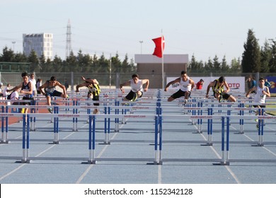 ISTANBUL, TURKEY - JUNE 02, 2018: Athletes Running 110 Metres Hurdles During Turkish Athletics U18 Championships