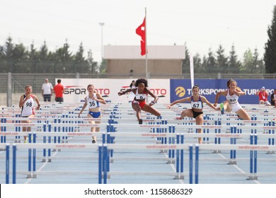 ISTANBUL, TURKEY - JUNE 09, 2018: Athletes Running 110 Metres Hurdles During Balkan U18 Athletics Championships