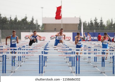 ISTANBUL, TURKEY - JUNE 09, 2018: Athletes Running 110 Metres Hurdles During Balkan U18 Athletics Championships