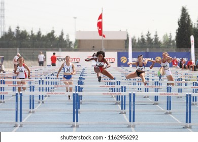 ISTANBUL, TURKEY - JUNE 09, 2018: Athletes Running 110 Metres Hurdles During Balkan U18 Athletics Championships