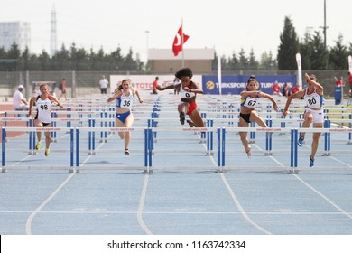 ISTANBUL, TURKEY - JUNE 09, 2018: Athletes Running 110 Metres Hurdles During Balkan U18 Athletics Championships