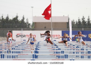 ISTANBUL, TURKEY - JUNE 09, 2018: Athletes Running 110 Metres Hurdles During Balkan U18 Athletics Championships