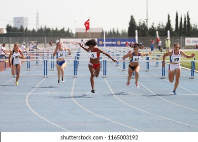 ISTANBUL, TURKEY - JUNE 09, 2018: Athletes Running 110 Metres Hurdles During Balkan U18 Athletics Championships