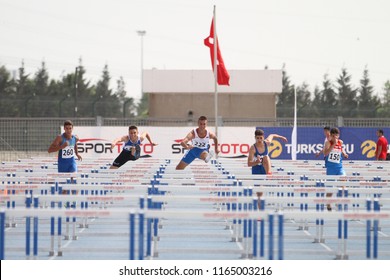 ISTANBUL, TURKEY - JUNE 09, 2018: Athletes Running 110 Metres Hurdles During Balkan U18 Athletics Championships