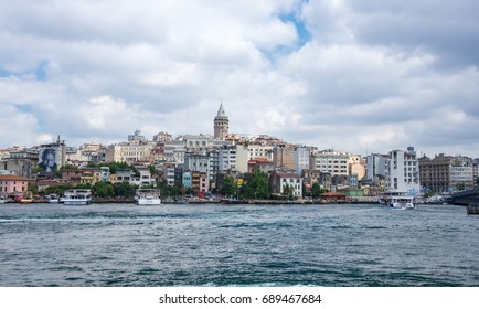ISTANBUL, TURKEY - JUNE 25, 2015: Panoramic view of european part of Istanbul and Galata tower, Turkey