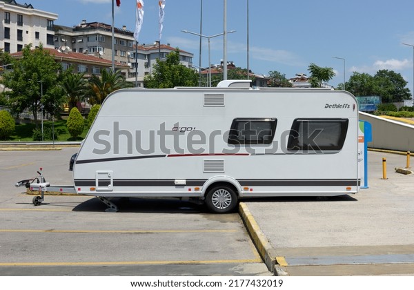 ISTANBUL, TURKEY\
- JUNE 25, 2022: New Dethleffs trailer for sale at Istanbul\
Caravaning in shopping center\
autopark.