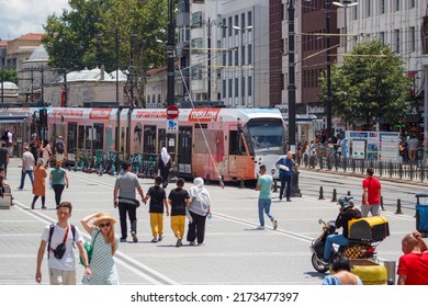 Istanbul Turkey June 28 2022: Cityscape Beyazit Neighbourhood Of Fatih District One Of The Authentic Attraction Center Of The City Istanbul, Close To Sultanahmet, View Tramway And People, Daily Life