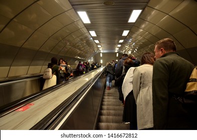 Istanbul, Turkey, March 08, 2019: People On Moving Stairs, Going Up And Down In Metro Subway Station In Istanbul, Subway Under Bosphorus With Busy People On Underground Moving  Escalator