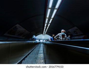 Istanbul, Turkey, March 08, 2019: People On Moving Stairs, Going Up And Down In Metro Subway Station In Istanbul, Subway Under Bosphorus With Busy People On Underground Moving Escalator