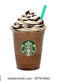 ISTANBUL, TURKEY - March 15, 2016: Cup of Starbucks Frappuccino on white background. Starbucks is the World's largest coffee house.