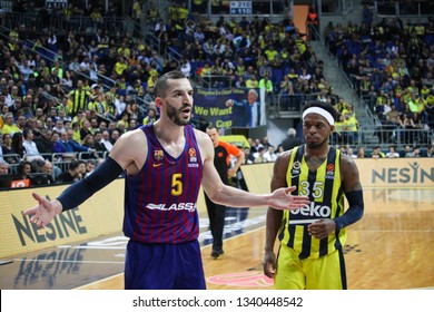 ISTANBUL / TURKEY - MARCH 15, 2019: Pau Ribas And Bobby Dixon (Muhammed Ali) During EuroLeague 2018-19 Round 26 Basketball Game Fenerbahce Vs Barcelona At Ulker Sports Arena.