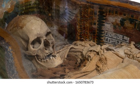 Istanbul, Turkey - March 21, 2019: Mummy Skull Of Sidonian King At Istanbul Archaeology Museum. Ancient Skeleton Head In Crypt. Buried Old Mummified Human Body