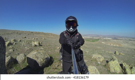 Istanbul, Turkey - March 22, 2014: Man Preparing For Downhill With His Mountain Bike Gopro Image