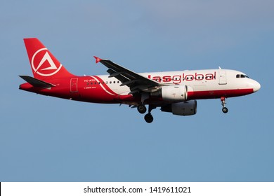 ISTANBUL / TURKEY - MARCH 28, 2019: Atlasglobal Airbus A319 TC-ATD passenger plane landing at Istanbul Ataturk Airport